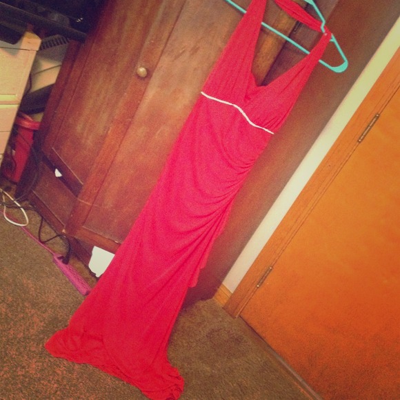 Red, long dress.