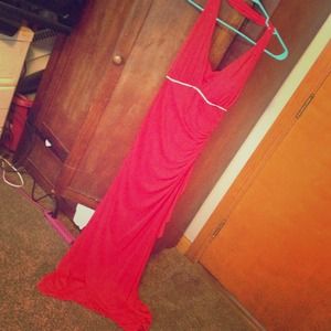 Red, long dress.
