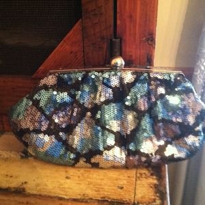 Style&co blue,sliver, and black evening clutch.