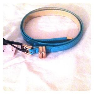 Teal/turquoise skinny belt with gold accent