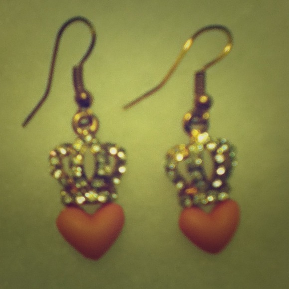 Gold Crown And Heart Fish Hook Earrings