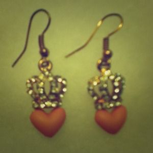 Gold Crown And Heart Fish Hook Earrings