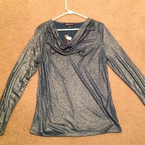 Metallic sea-green cowl neck blouse.