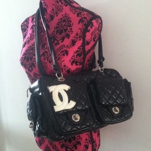 Large used cc satchel bag purse black white quilt