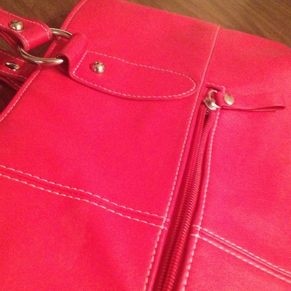 Oversized red leather tote with white trim