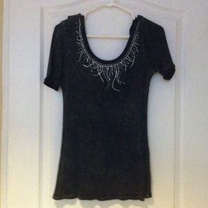 Black "faded" top with rhinestone neckline