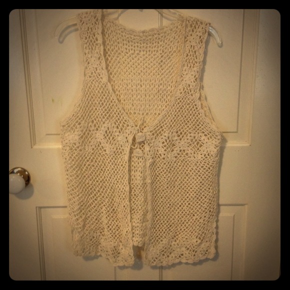 bohemian-style cream crochet woven open vest