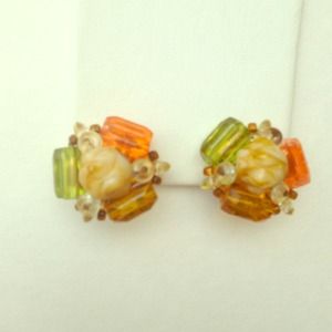 Vintage clip on earrings with orange green beads