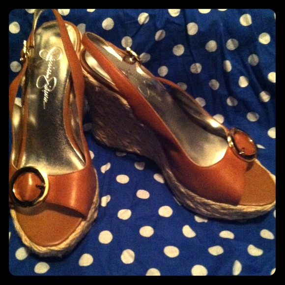 Jessica Simpson Tan leather & straw peep toe wedge