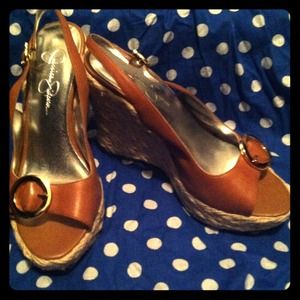 Jessica Simpson Tan leather & straw peep toe wedge
