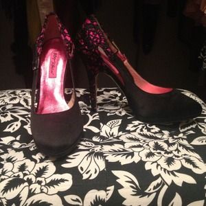 Pink and black lace heels