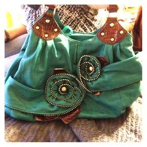 Gorgeous teal handbag with roses and rhinestones!