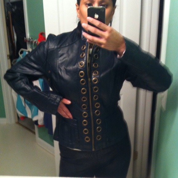 Navy blue Motocross jacket gold rivets stitching