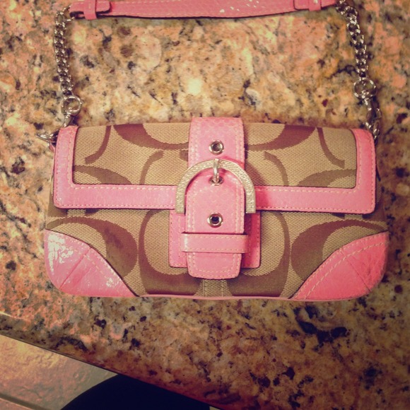 Pink faux snake skin coach bag with metal chain!