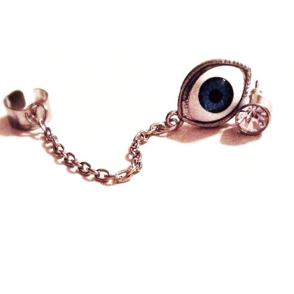 Blue Eye Chain Ear Cuff & Rhinestone Stud Earrings