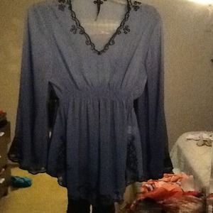 Blue 3/4 sleeve blouse. See thru,for layering.