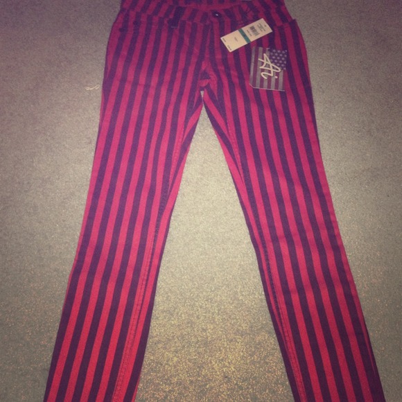 Blue and red striped jeans