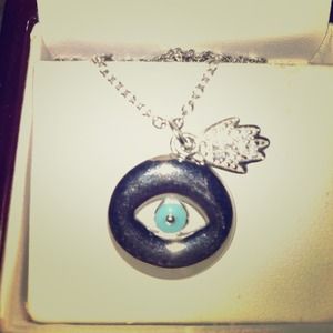 Evil eye sterling silver necklace with hamsa!