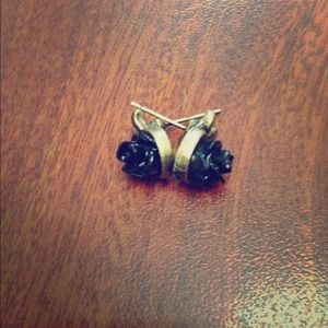 Black Rose Stud Earrings With Leaf Detail!  New!