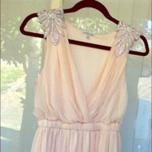 Light tan spring dress with embroidered shoulders