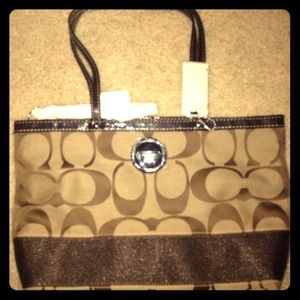 Coach Signature Stripe Tote (Khaki/Mahogany)