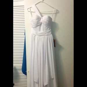 White floor-length dress with one strap