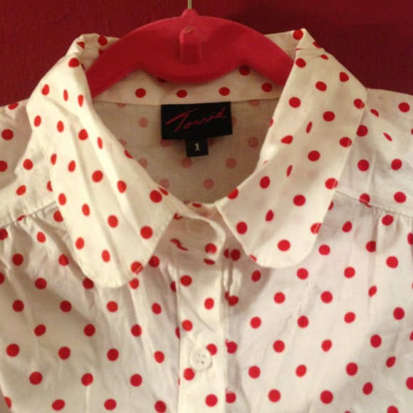 NWOT White w/ Red Polka Dots Button Down - Picture 2 of 2
