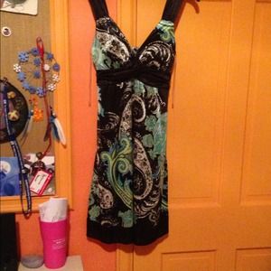 Green/black/blue/white dress. Super fun looking.