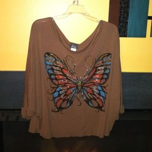 Butterfly print, tan top.