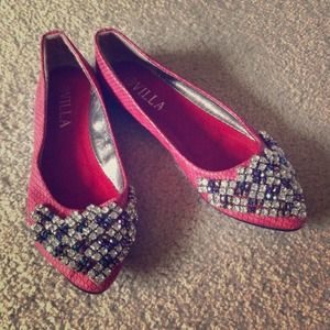Red pointy flats with colorful rime stones