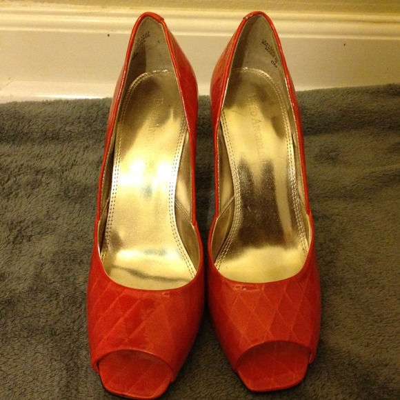 Orange patent leather heels