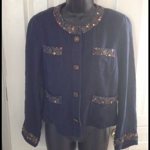Denim blazer with sequin and beaded trim
