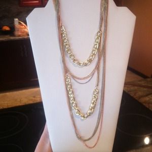 Long Gold Copper &Silver Chain Necklace w/ pearls