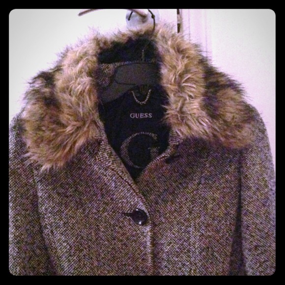 Guess black and white belted tweed coat size S