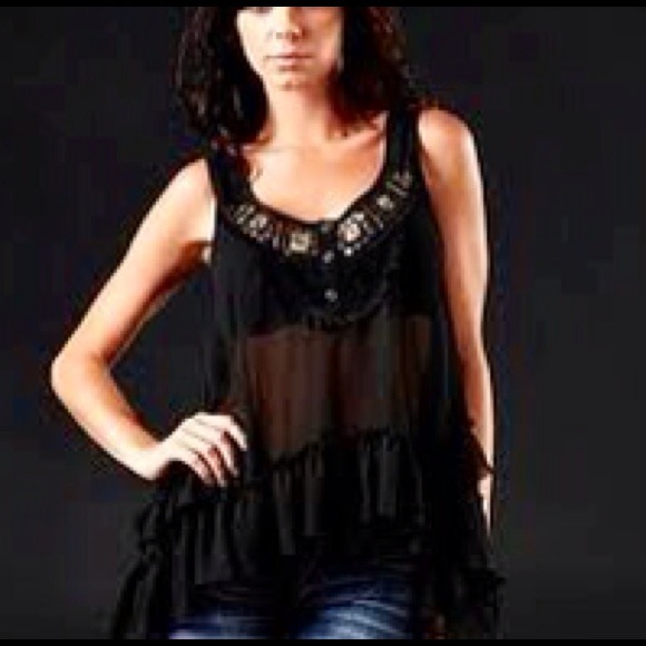 ⓝⓔⓦ Affliction Sheer Black Ruffled Tank Small 2 4