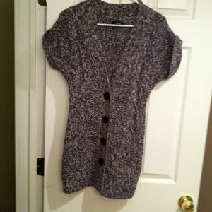 Long gray and white buttoned sweater