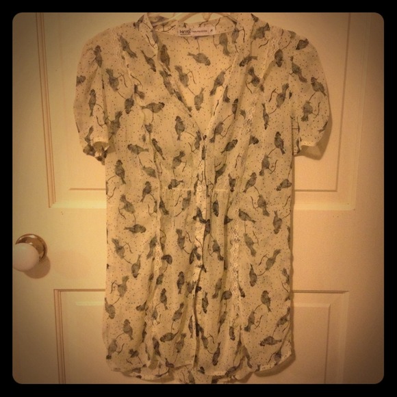 see-thru flowy bird print cream button-down top