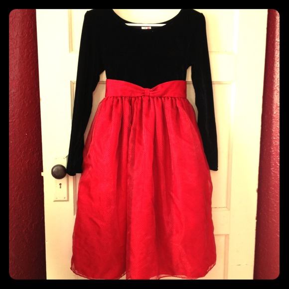 Red and black velveteen polkadotted formal dress