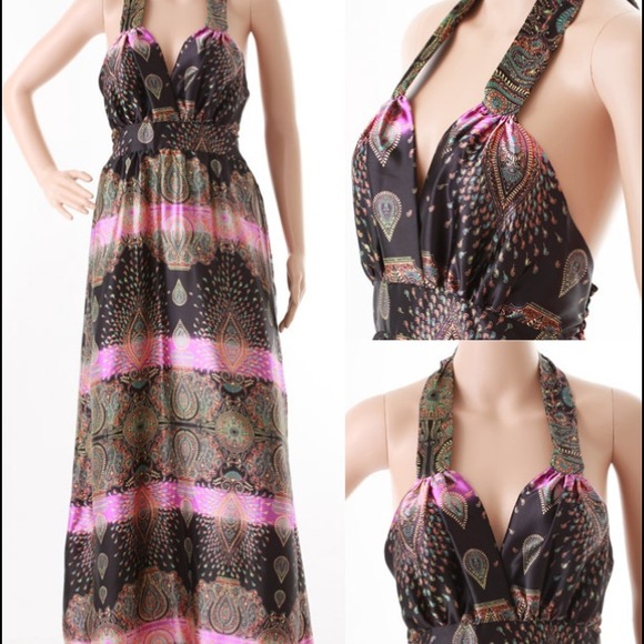Coo Bee Dresses & Skirts - Purple Black Long Maxi Silky Retro Dress S/M