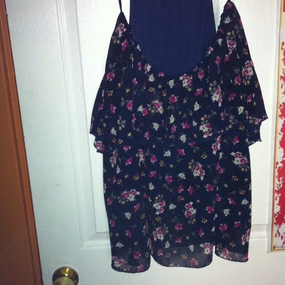 Navy Blue Ruffle Floral Blouse