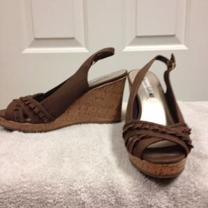 Brown sling back cork wedge peep toes shoes