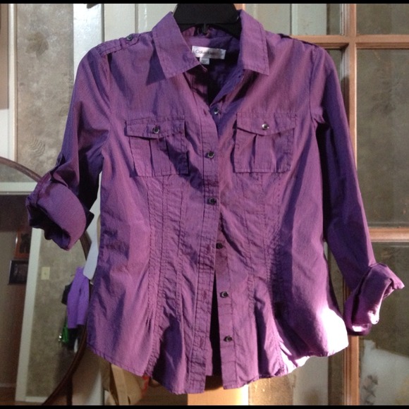 CK purple LS fitted button down with white stripes