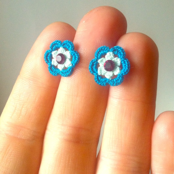 Teal and mint crocheted posts w/red rhinestone