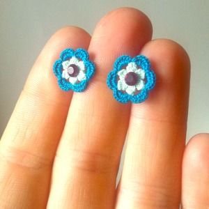 Teal and mint crocheted posts w/red rhinestone