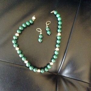 Malakite beads necklace,earringsGold filled beads.