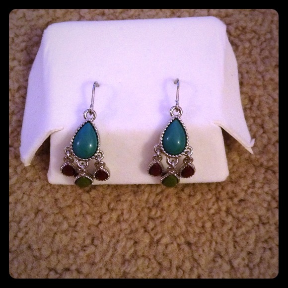 2-tiered Teal, maroon, and green earrings