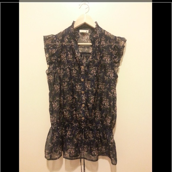 Navy blue transparent to. Small ruffled collar.