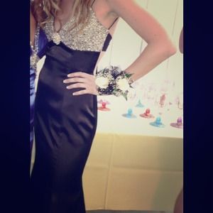 Black open back rhinestone prom dress