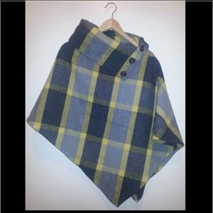 Light grey, dark grey, and mustard poncho.