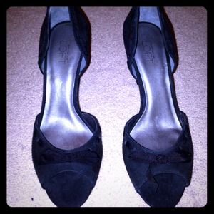Black open toe suede heels in size 7.5
